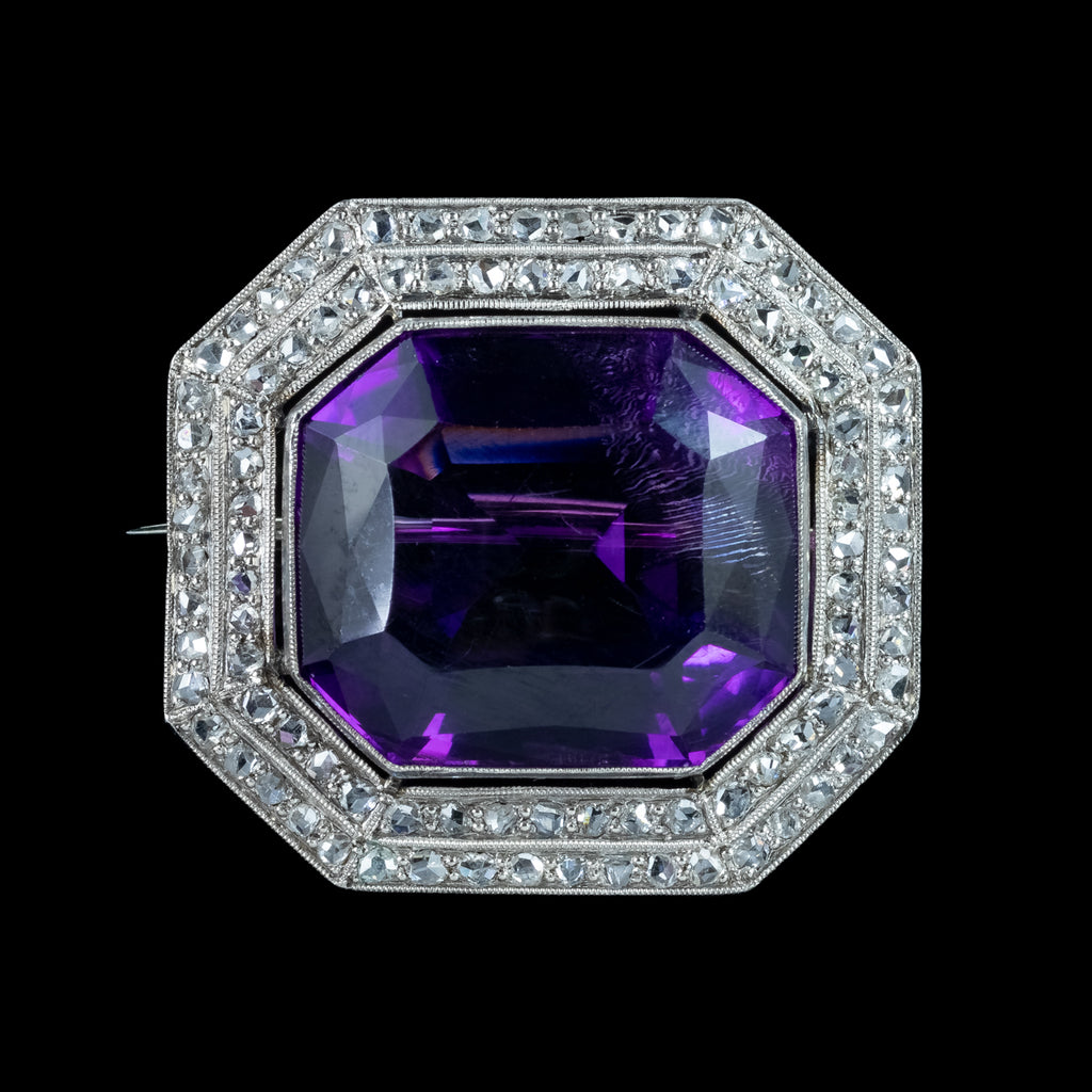 Art Deco Amethyst Diamond Brooch 18ct Gold 20ct Amethyst