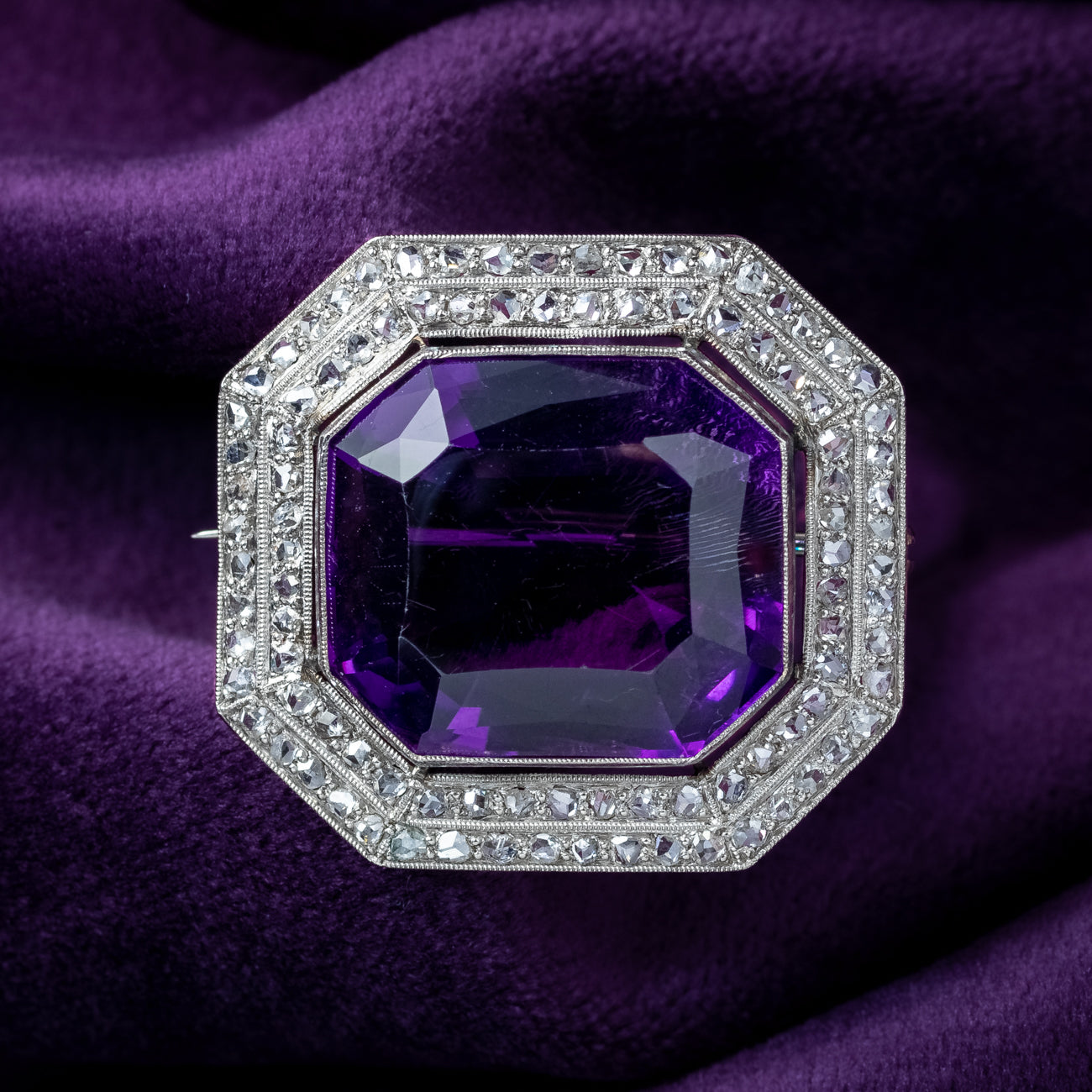 Art Deco Amethyst Diamond Brooch 18ct Gold 20ct Amethyst