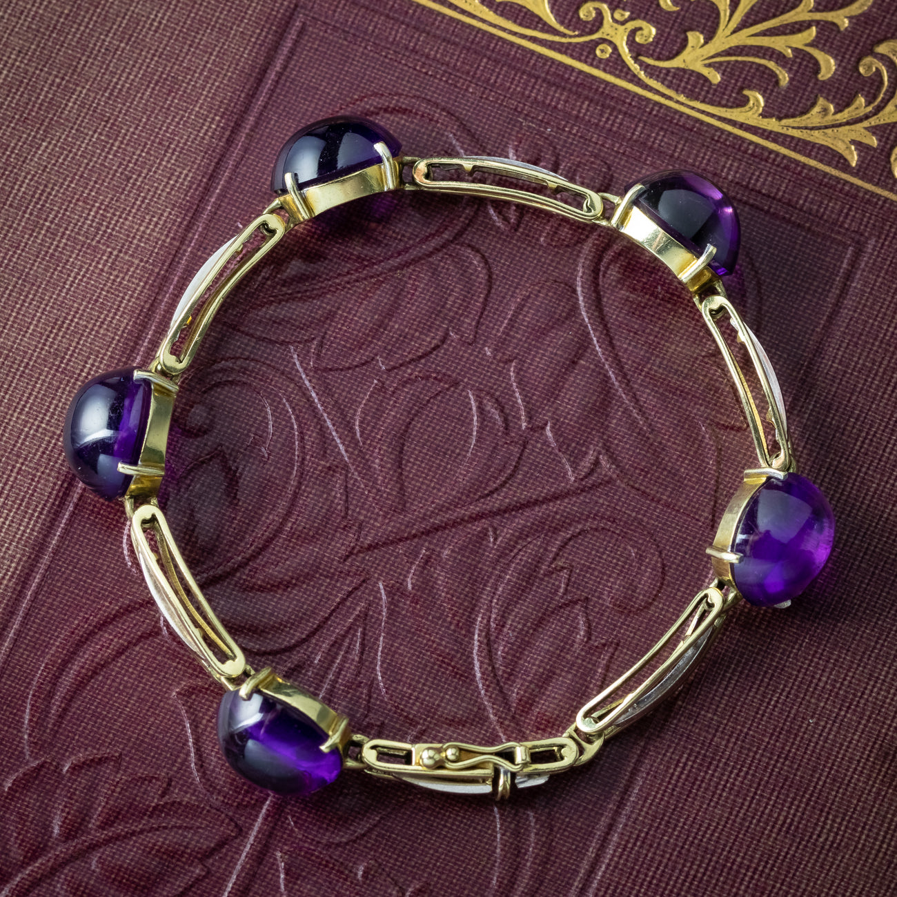 Art Deco Cabochon Amethyst Bracelet 14ct Gold