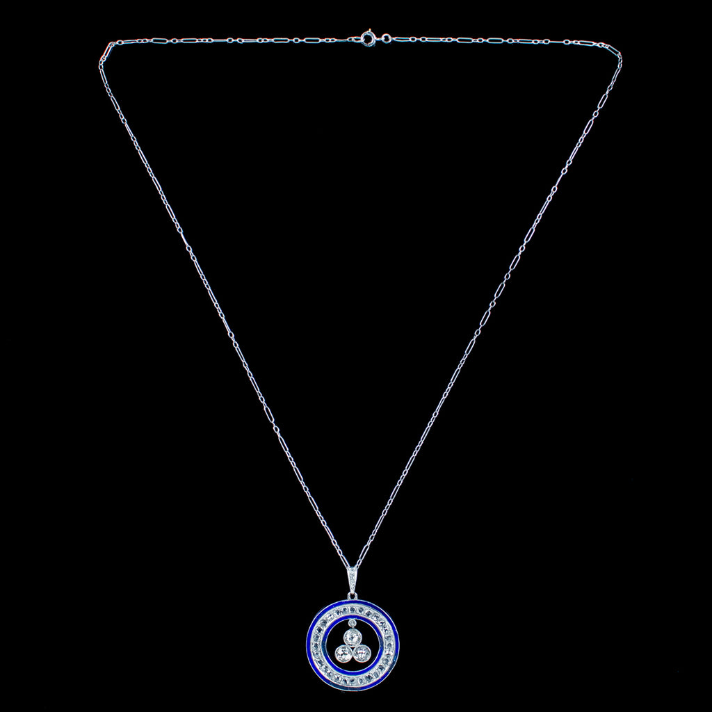 Art Deco Diamond Enamel Pendant Necklace Platinum 2.5ct Diamond