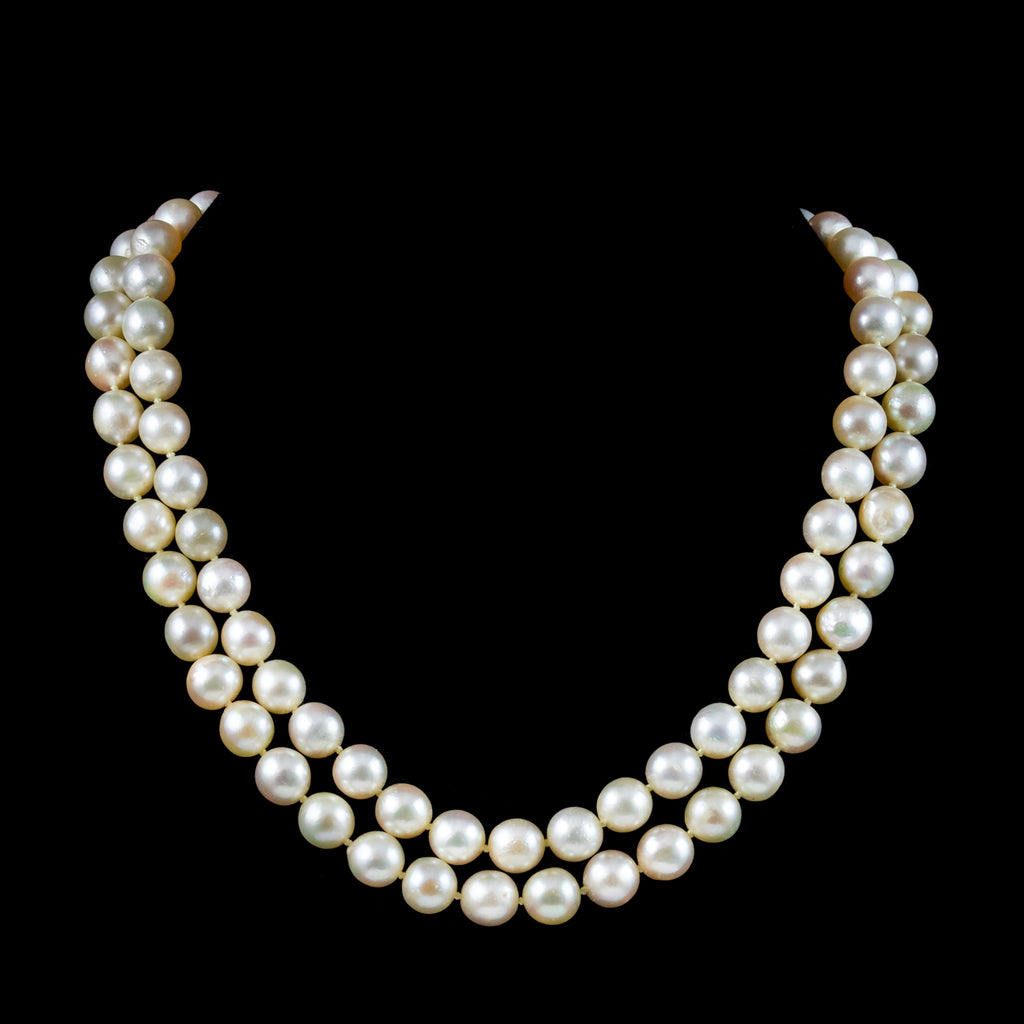 Art Deco Double Strand Pearl Necklace 18ct Gold Diamond Clasp
