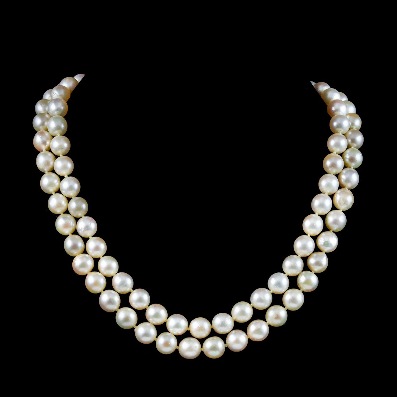 Art Deco Double Strand Pearl Necklace 18ct Gold Diamond Clasp