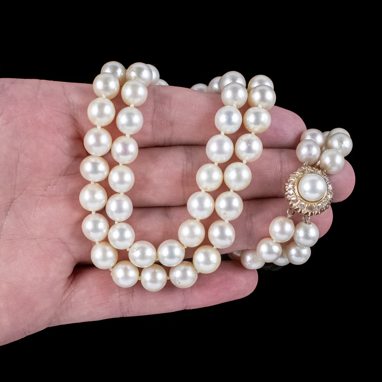 Art Deco Double Strand Pearl Necklace 18ct Gold Diamond Clasp