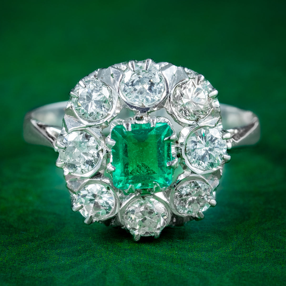 Art Deco Emerald Diamond Cluster Ring 0.38ct Emerald 