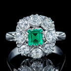 Art Deco Emerald Diamond Cluster Ring 0.38ct Emerald 