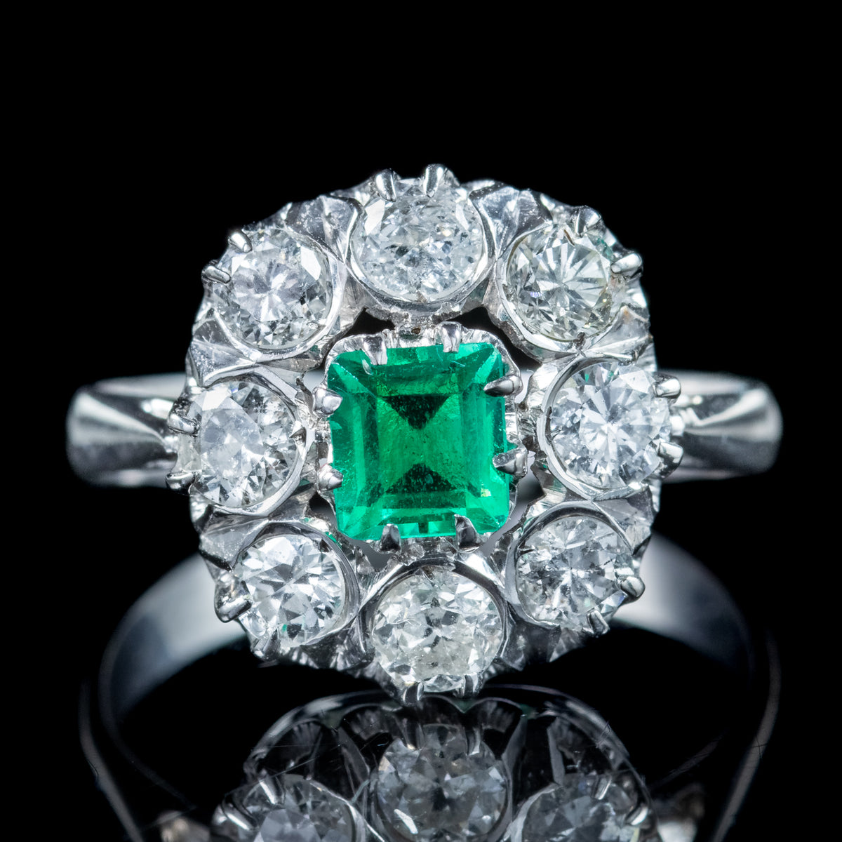 Art Deco Emerald Diamond Cluster Ring 0.38ct Emerald 