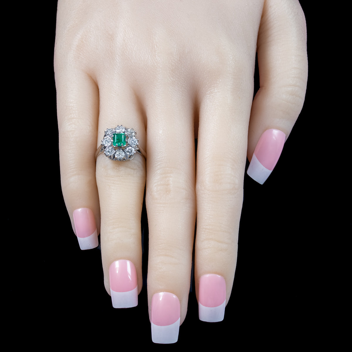 Art Deco Emerald Diamond Cluster Ring 0.38ct Emerald 