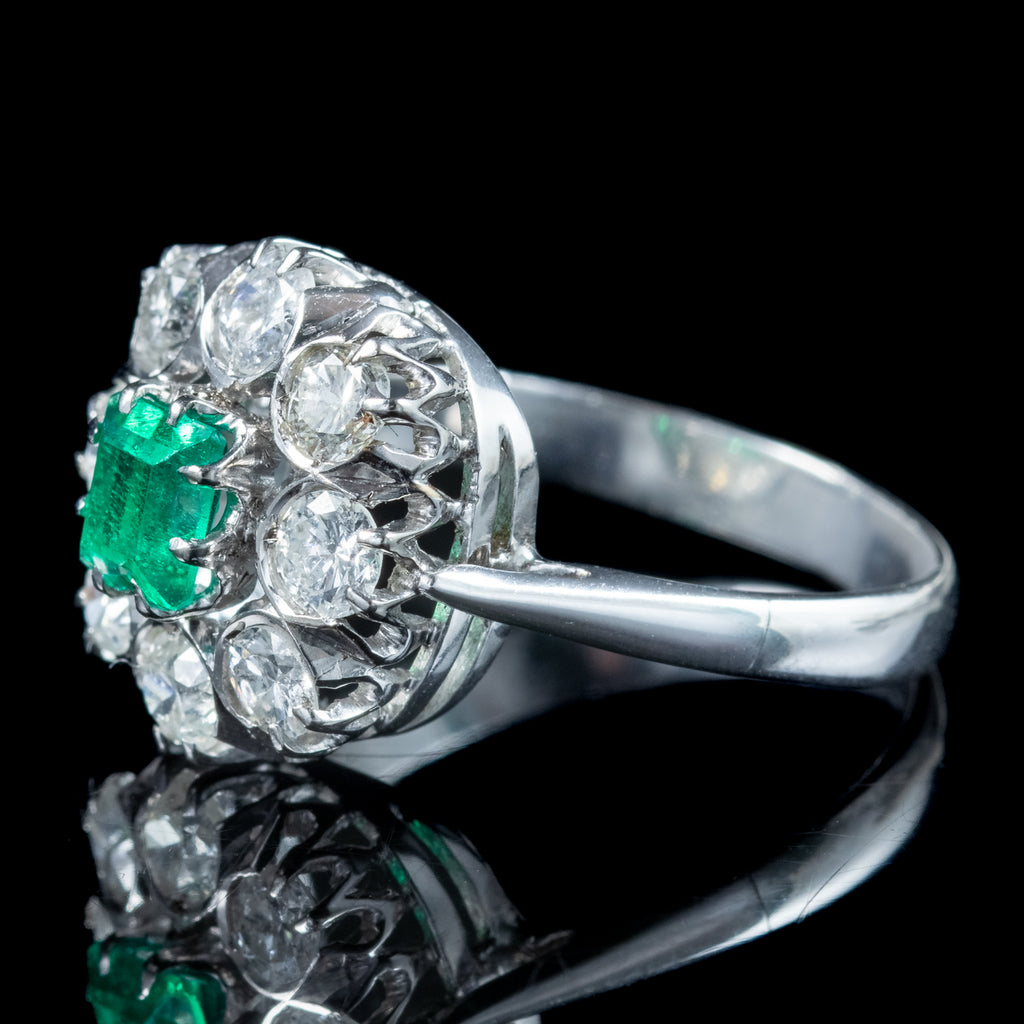 Art Deco Emerald Diamond Cluster Ring 0.38ct Emerald 