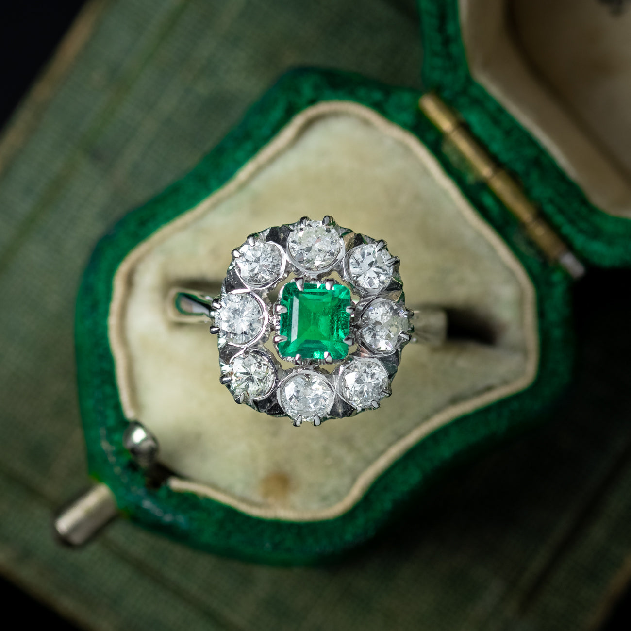 Art Deco Emerald Diamond Cluster Ring 0.38ct Emerald 