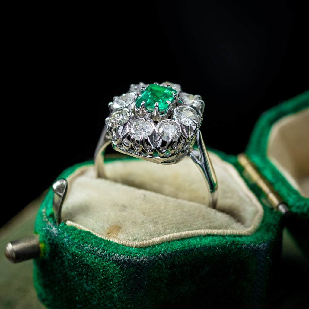Art Deco Emerald Diamond Cluster Ring 0.38ct Emerald 