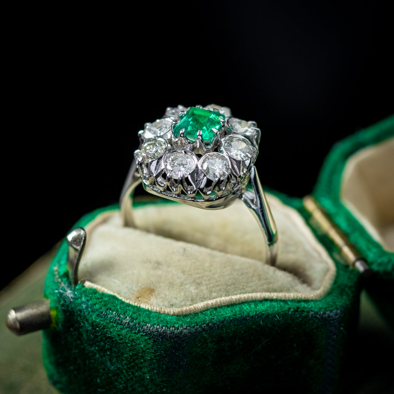 Art Deco Emerald Diamond Cluster Ring 0.38ct Emerald 