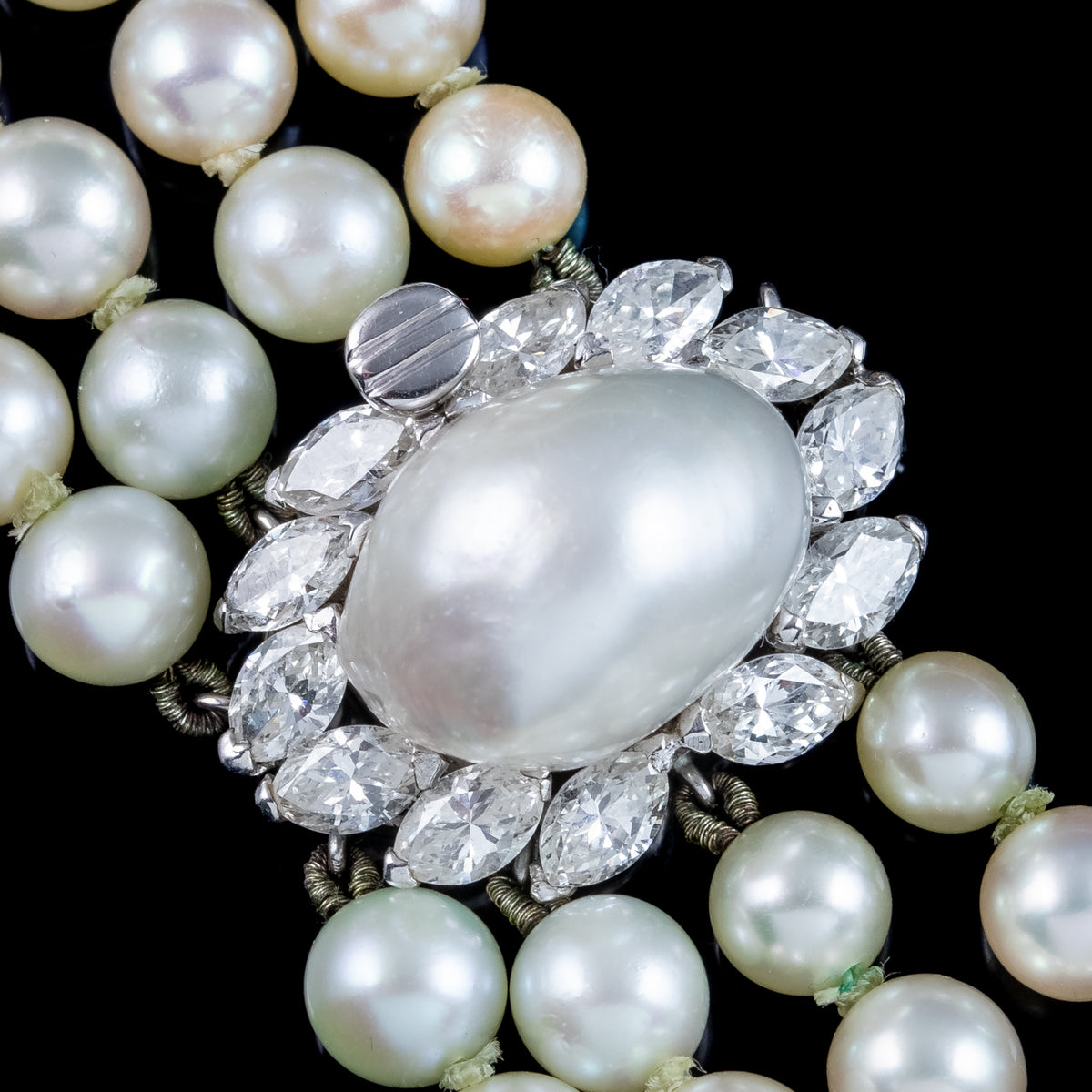 Art Deco Four Strand Pearl Necklace With Pearl Diamond Clasp