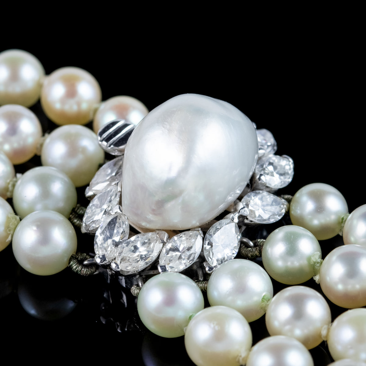 Art Deco Four Strand Pearl Necklace With Pearl Diamond Clasp