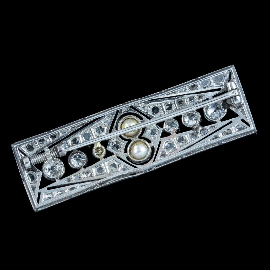 Antique Art Deco French Pearl Diamond Brooch 18ct Gold 2ct Total 
