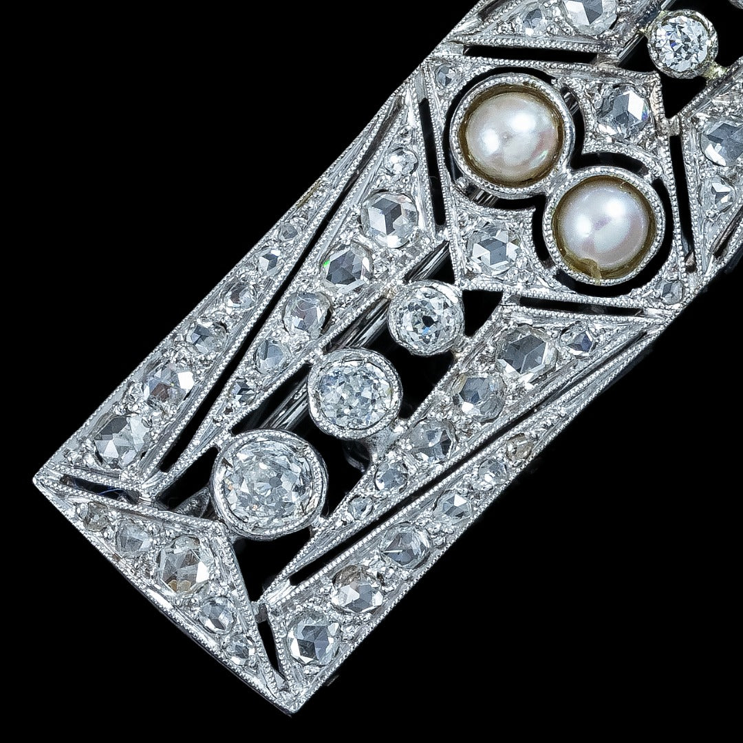 Antique Art Deco French Pearl Diamond Brooch 18ct Gold 2ct Total 