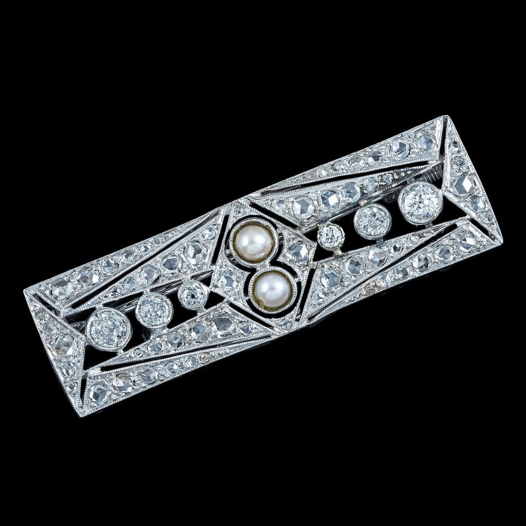 Antique Art Deco French Pearl Diamond Brooch 18ct Gold 2ct Total 