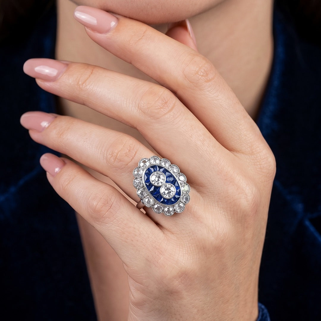 Antique Art Deco French Sapphire Diamond Cocktail Ring 3ct Diamond With Box Secondary image