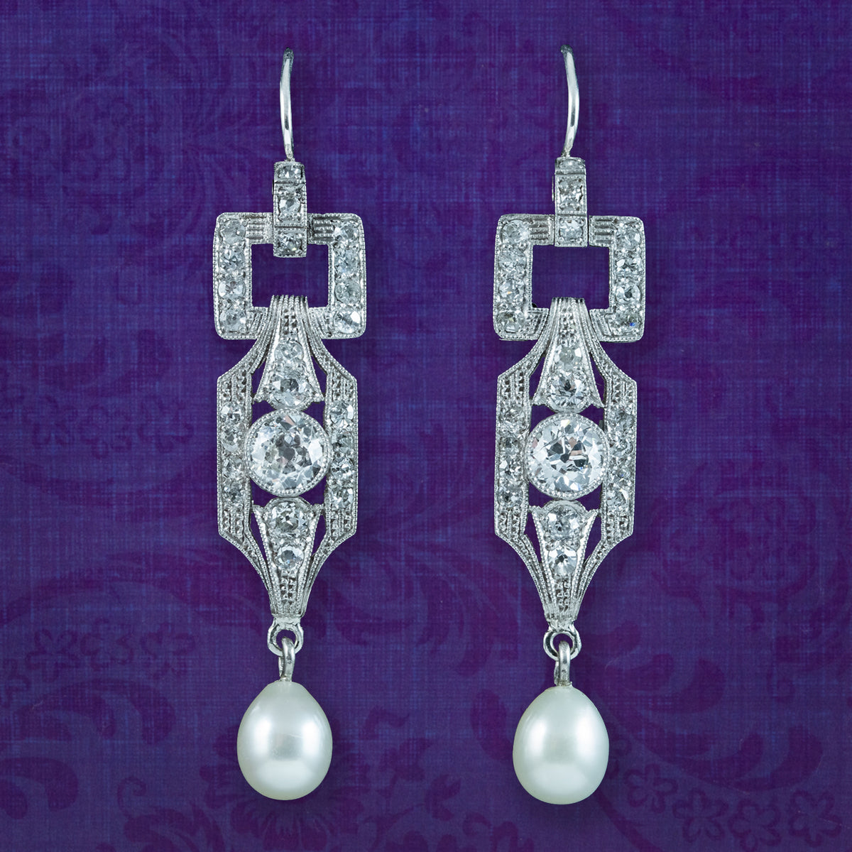 Art Deco Pearl Diamond Drop Earrings Platinum 3ct Diamond Main image