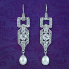 Art Deco Pearl Diamond Drop Earrings Platinum 3ct Diamond