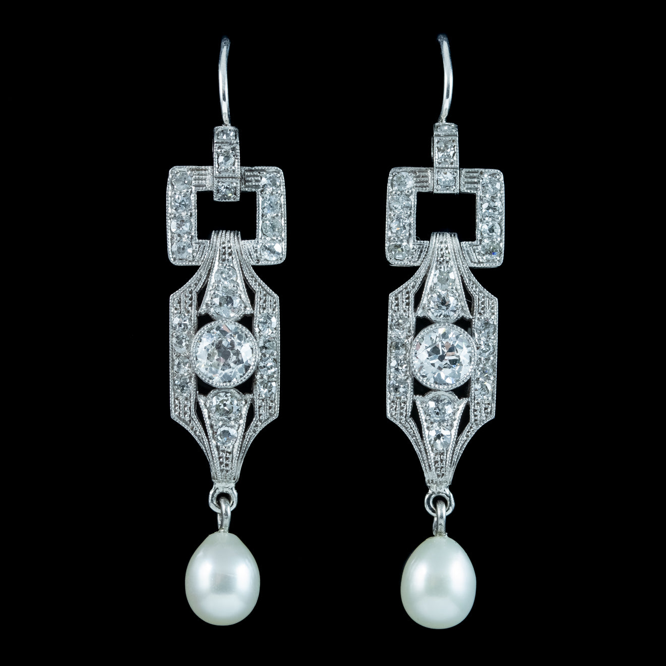 Art Deco Pearl Diamond Drop Earrings Platinum 3ct Diamond Secondary image