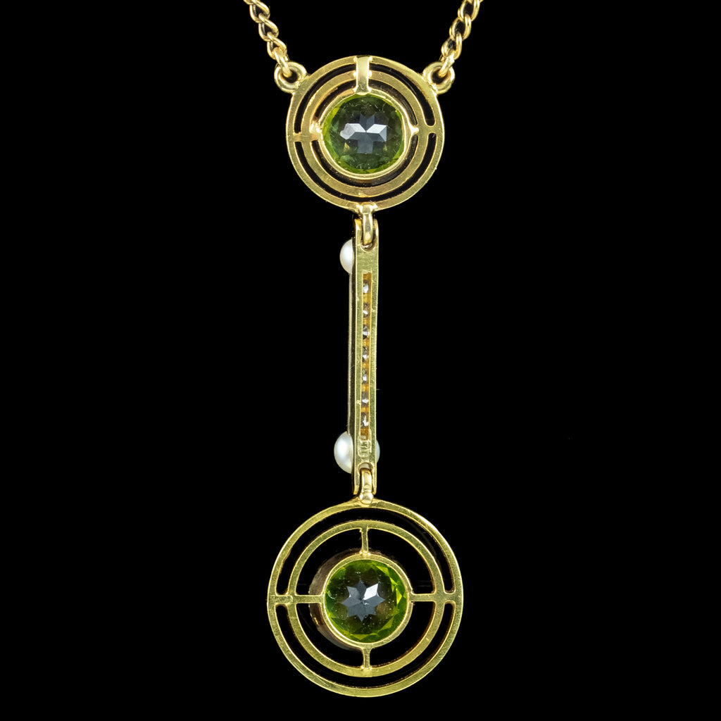 Art Deco Peridot Diamond Pearl Lavaliere Necklace 15ct Gold 
