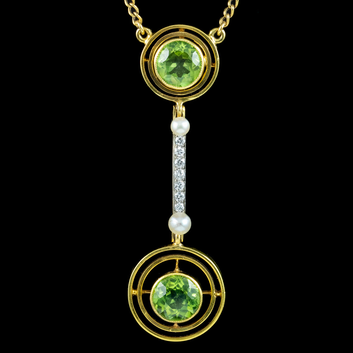 Art Deco Peridot Diamond Pearl Lavaliere Necklace 15ct Gold 