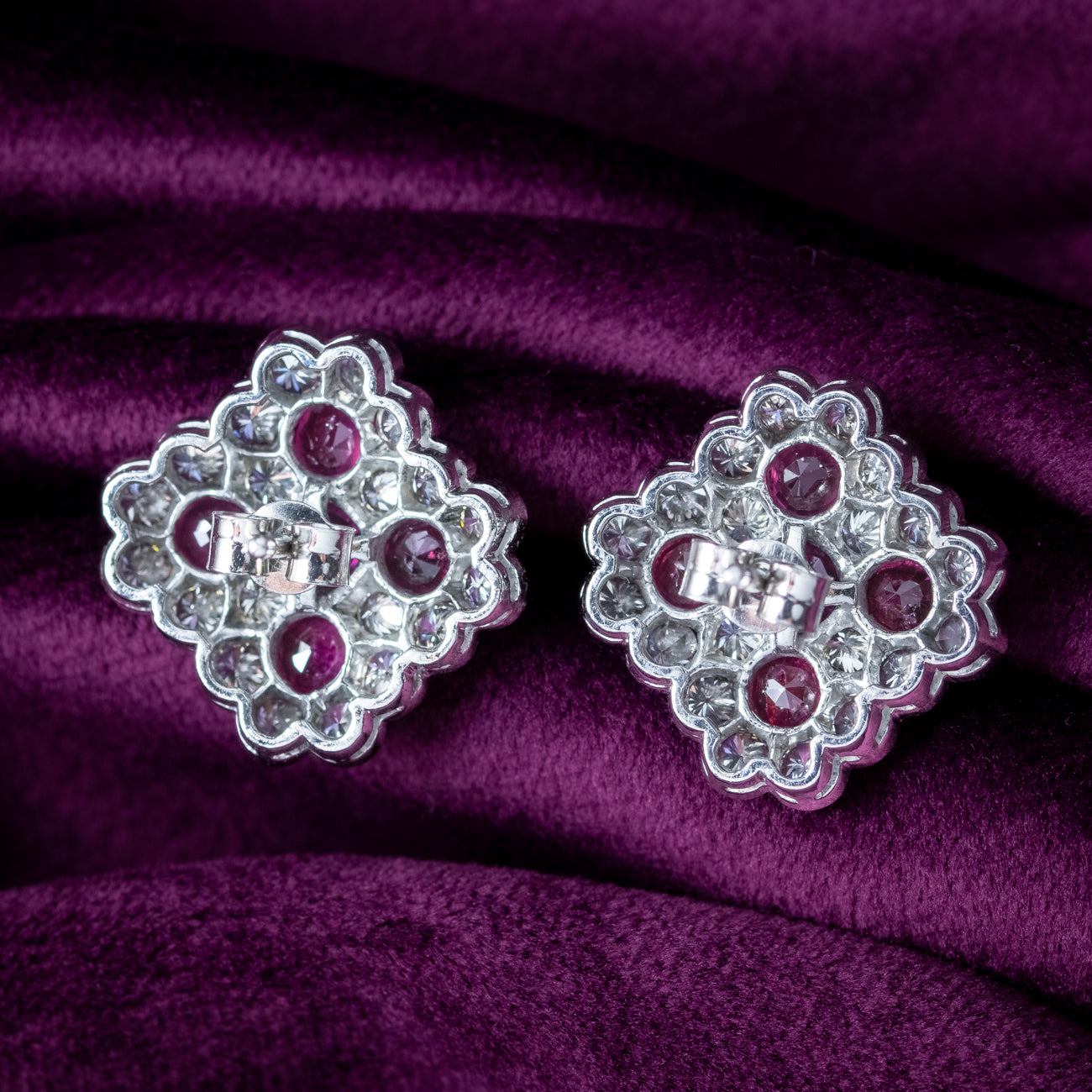 Art Deco Ruby Diamond Cluster Earrings 1.8ct Ruby 4ct Diamond