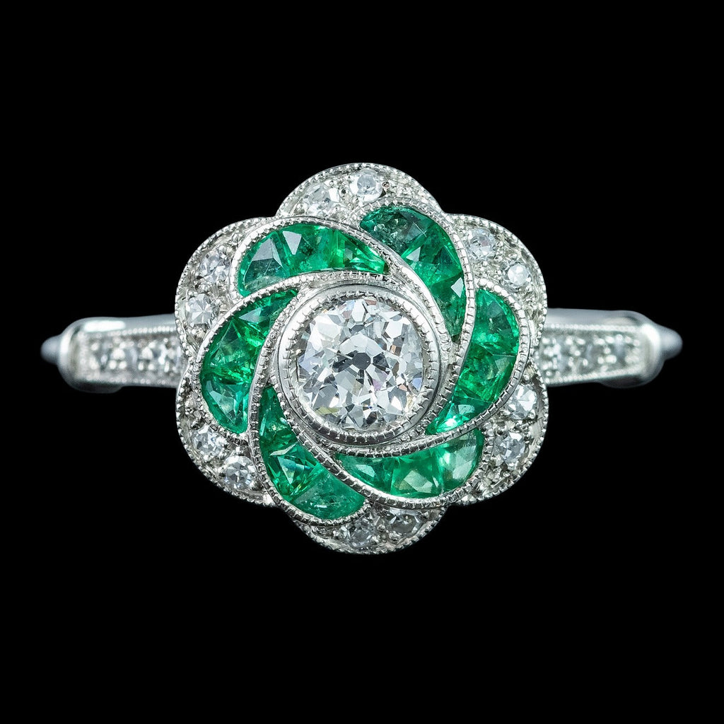Art Deco Style Diamond Emerald Cluster Ring 0.50ct Diamond