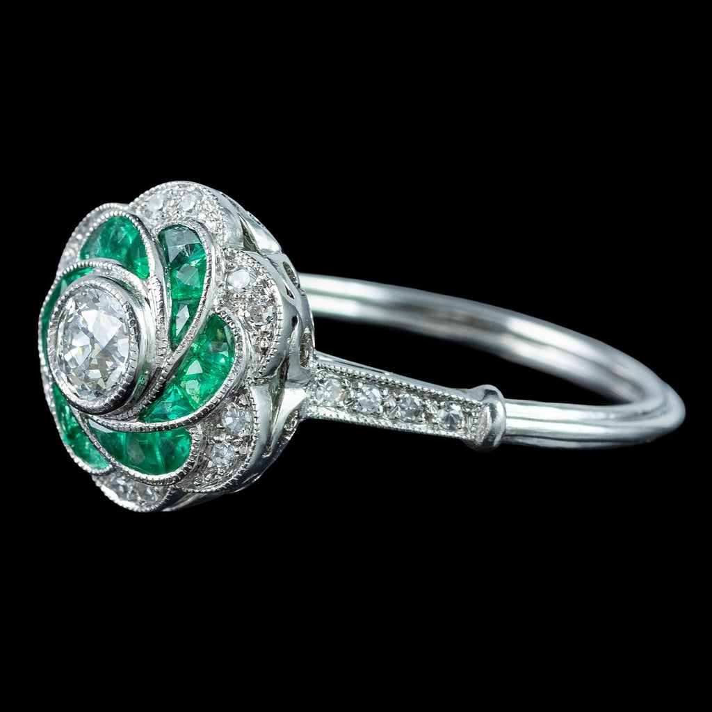 Art Deco Style Diamond Emerald Cluster Ring 0.50ct Diamond
