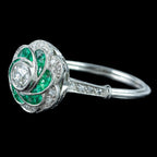 Art Deco Style Diamond Emerald Cluster Ring 0.50ct Diamond
