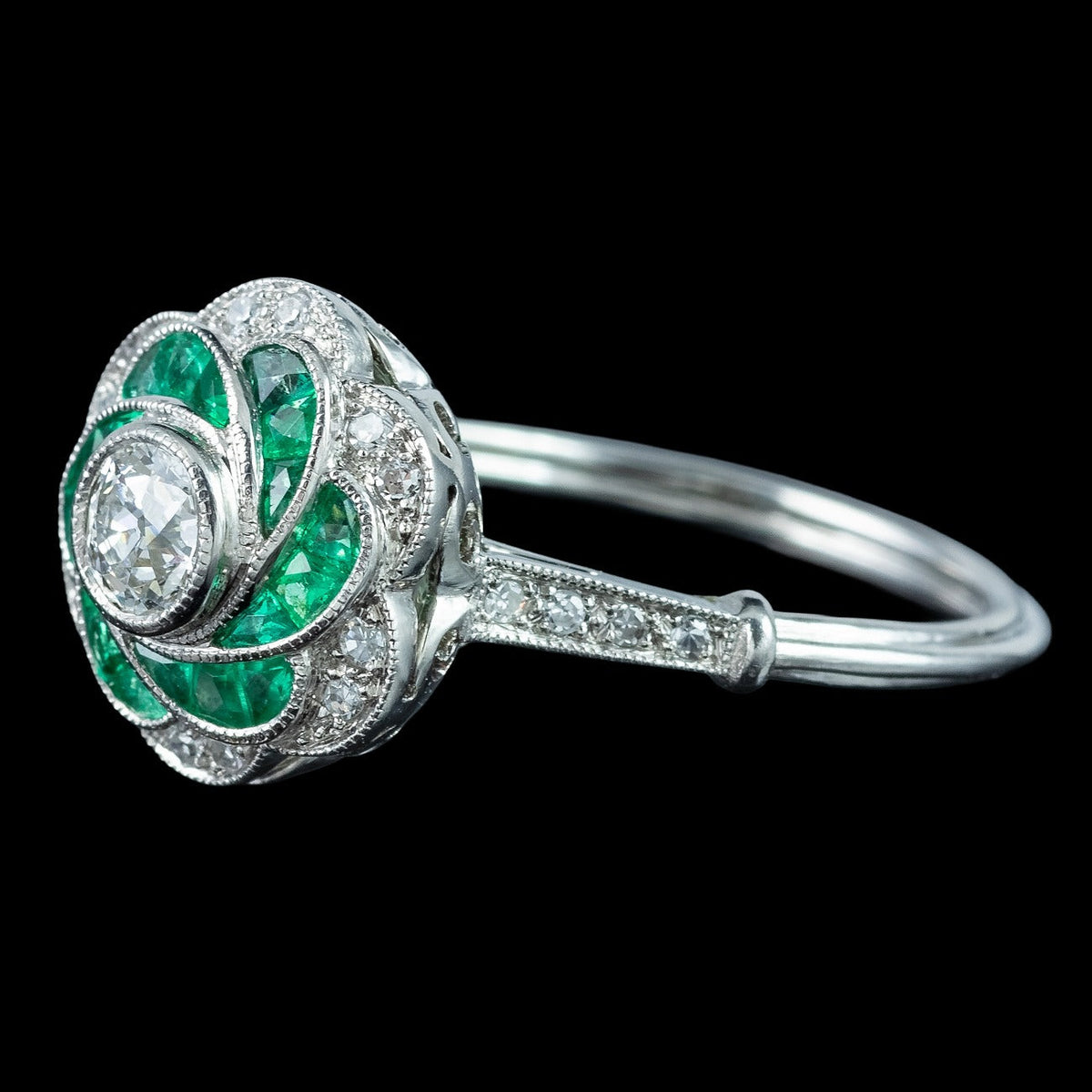 Art Deco Style Diamond Emerald Cluster Ring 0.50ct Diamond