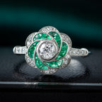 Art Deco Style Diamond Emerald Cluster Ring 0.50ct Diamond