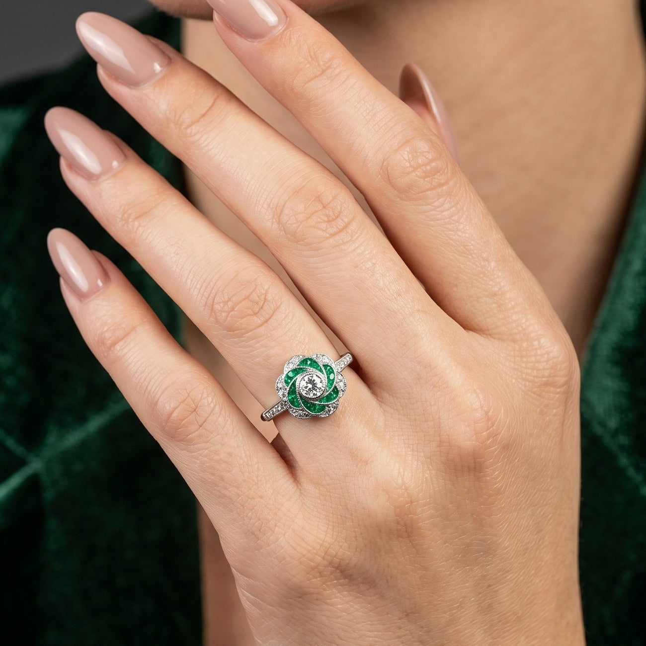 Art Deco Style Diamond Emerald Cluster Ring 0.50ct Diamond Secondary image
