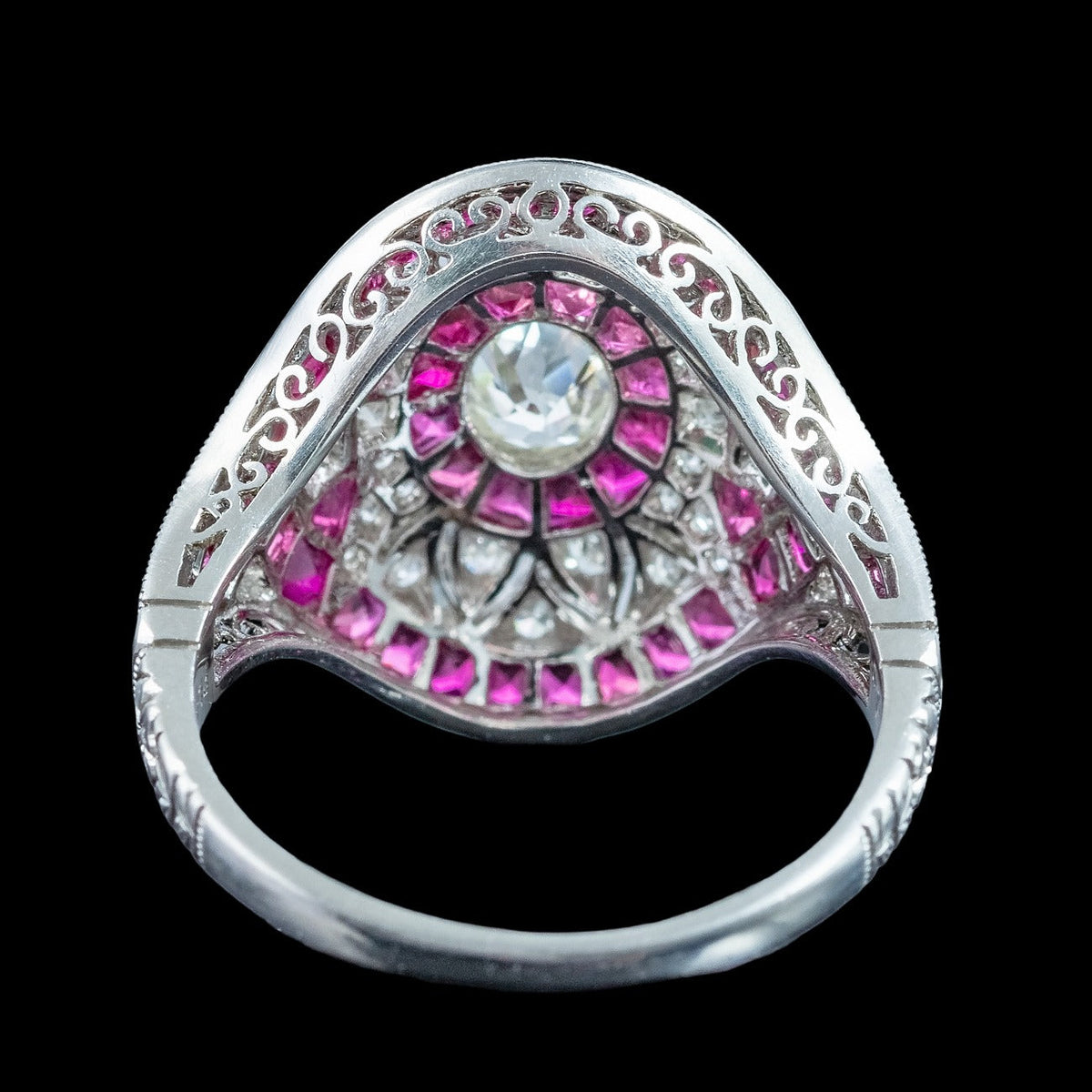 Art Deco Style Diamond Ruby Cluster Cocktail Ring 0.78ct Diamond 1.3ct Ruby