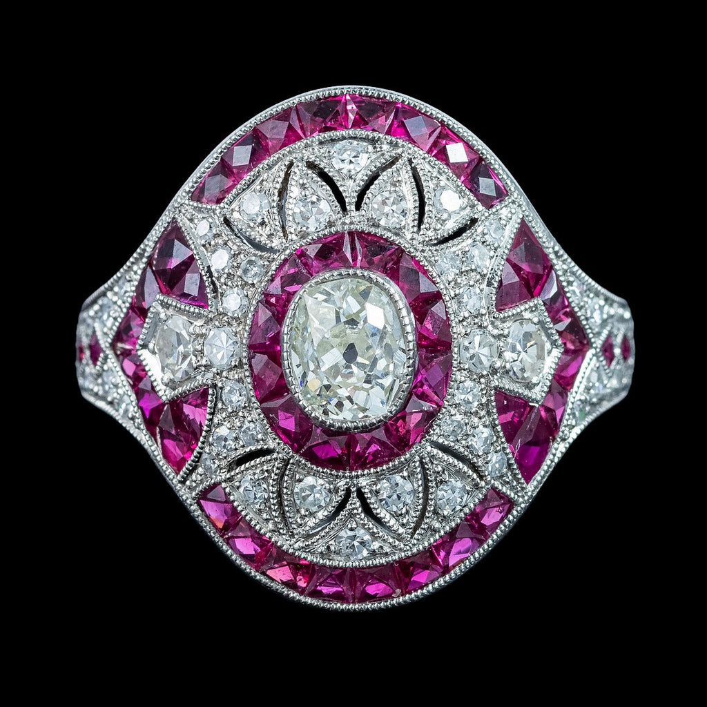 Art Deco Style Diamond Ruby Cluster Cocktail Ring 0.78ct Diamond 1.3ct Ruby