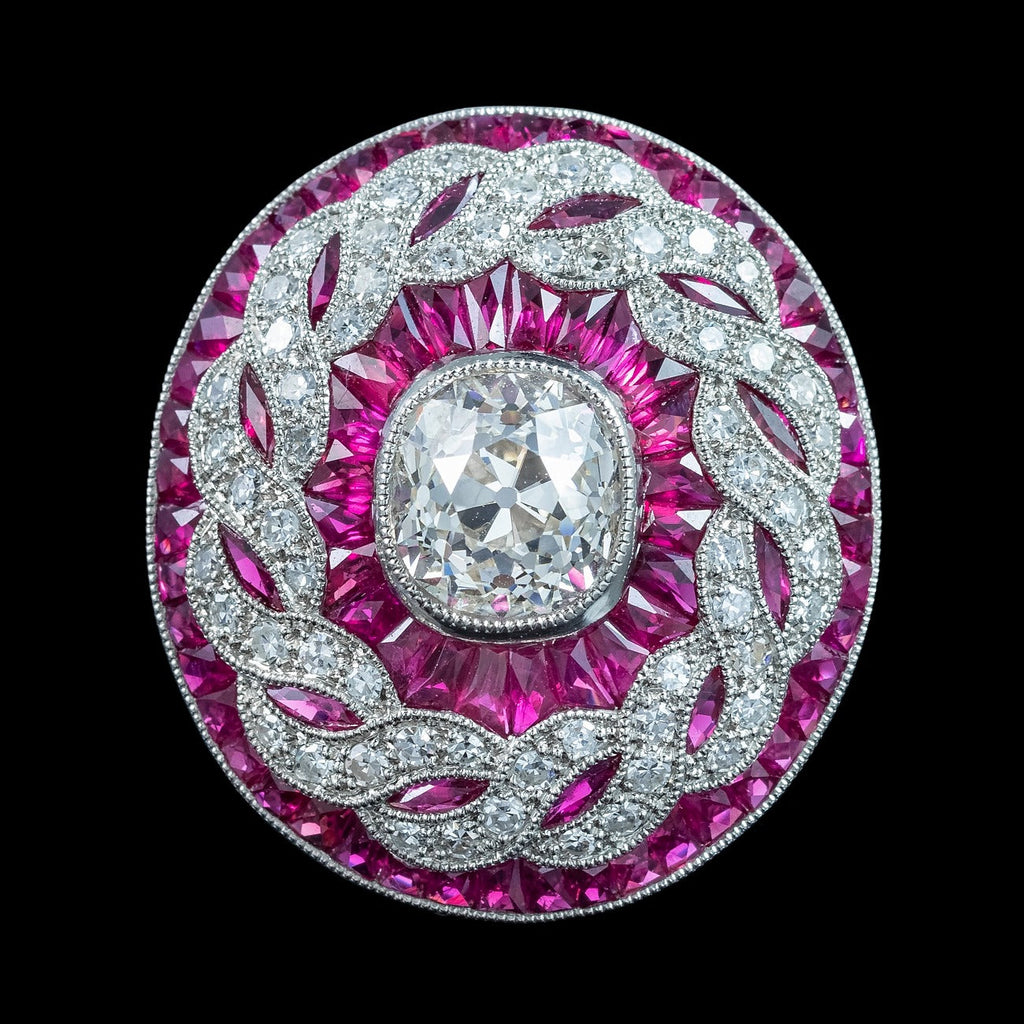 Art Deco Style Diamond Ruby Cluster Cocktail Ring 2.24ct Diamond 2.40 Ruby