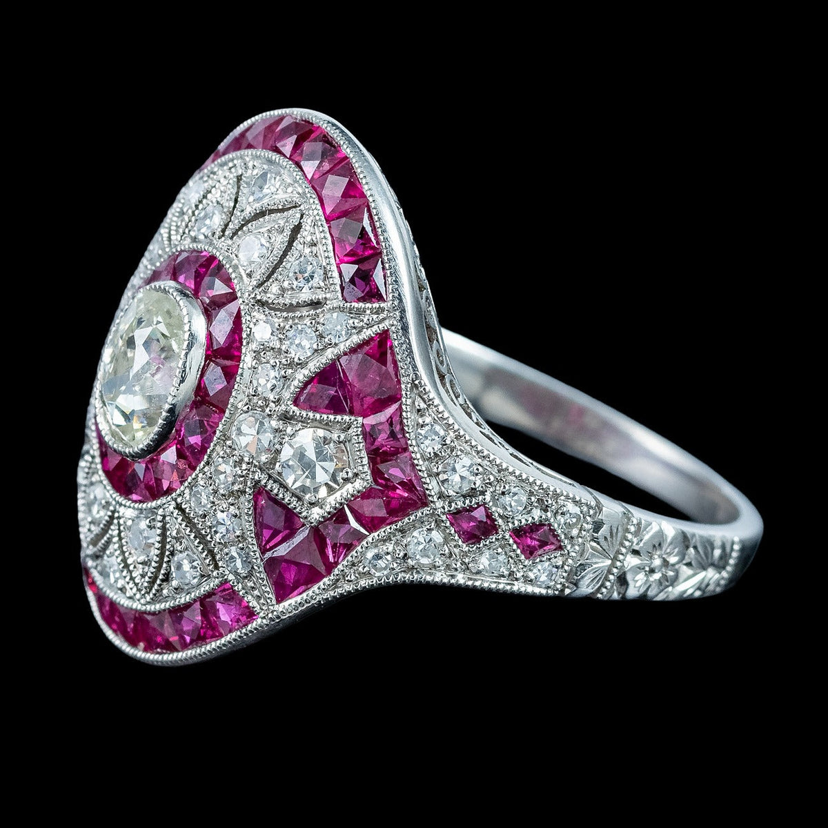 Art Deco Style Diamond Ruby Cluster Cocktail Ring 0.78ct Diamond 1.3ct Ruby