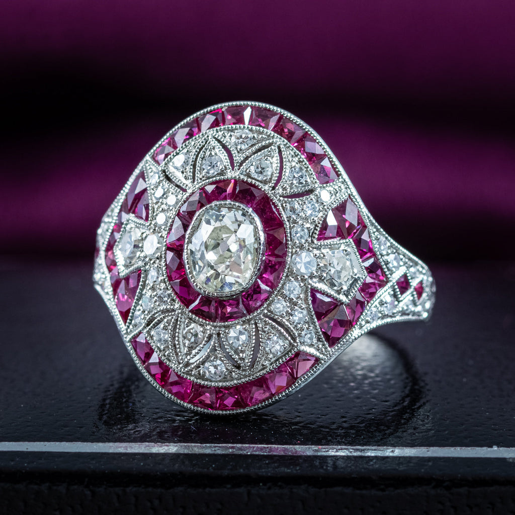 Art Deco Style Diamond Ruby Cluster Cocktail Ring 0.78ct Diamond 1.3ct Ruby