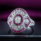 Art Deco Style Diamond Ruby Cluster Cocktail Ring 0.78ct Diamond 1.3ct Ruby