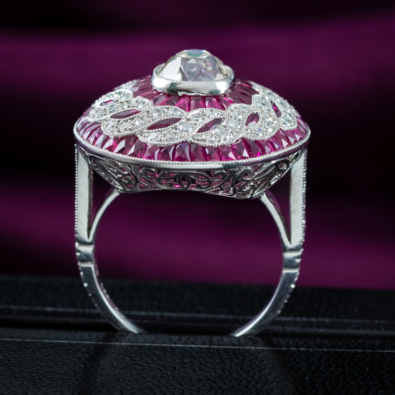 Art Deco Style Diamond Ruby Cluster Cocktail Ring 2.24ct Diamond 2.40 Ruby