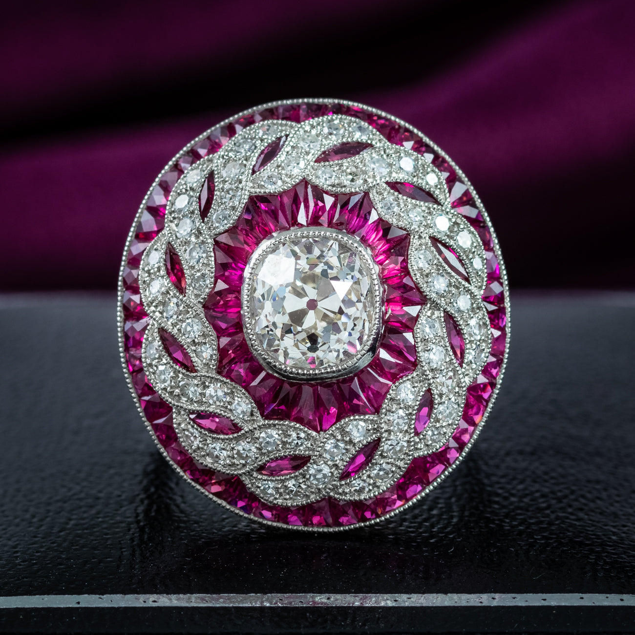 Art Deco Style Diamond Ruby Cluster Cocktail Ring 2.24ct Diamond 2.40 Ruby