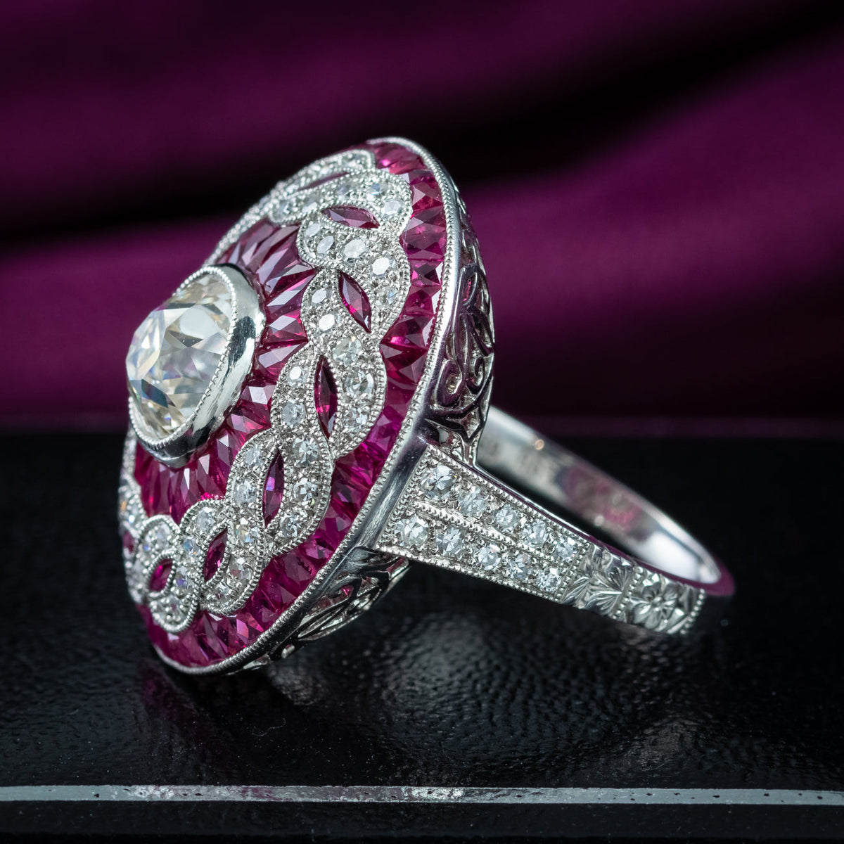 Art Deco Style Diamond Ruby Cluster Cocktail Ring 2.24ct Diamond 2.40 Ruby
