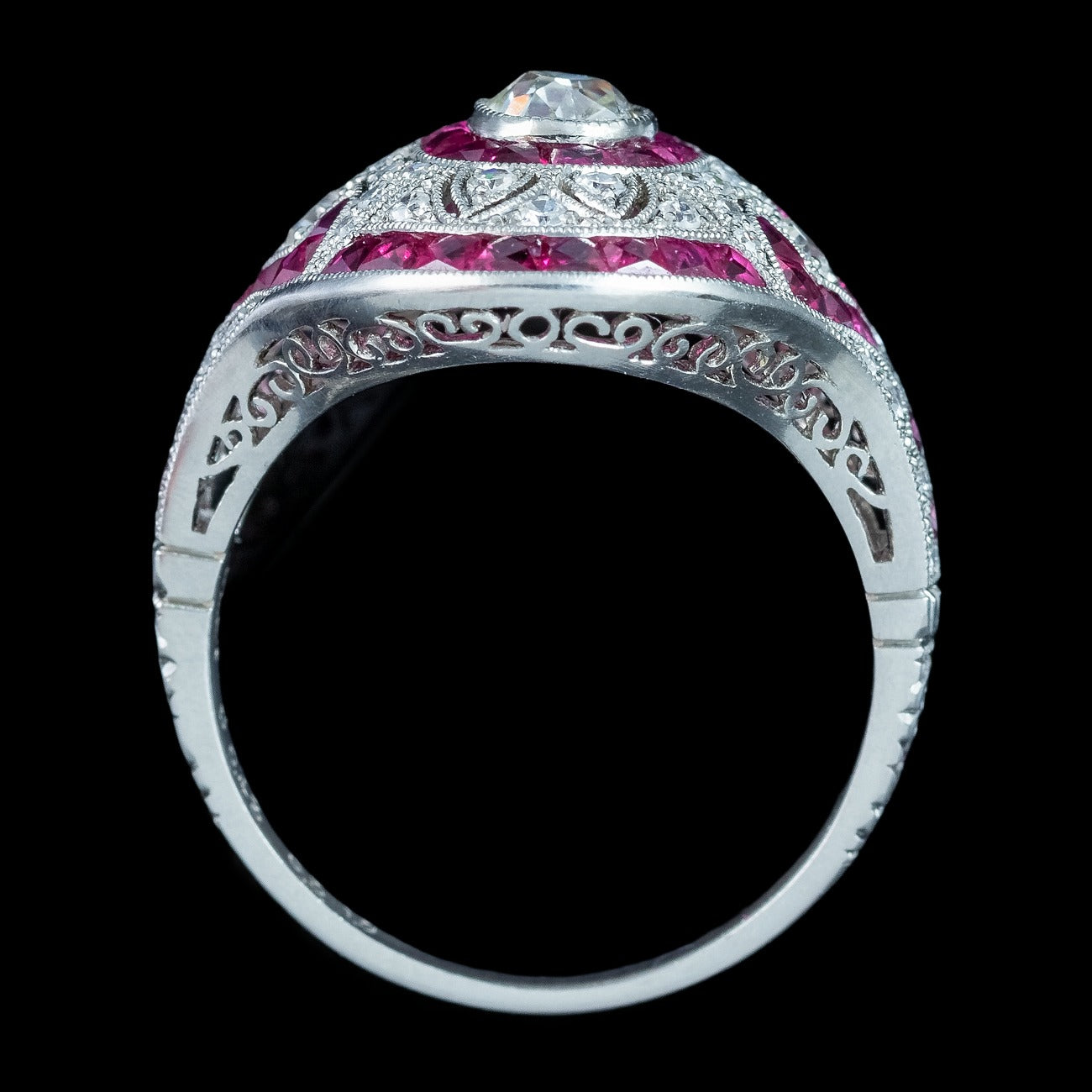 Art Deco Style Diamond Ruby Cluster Cocktail Ring 0.78ct Diamond 1.3ct Ruby