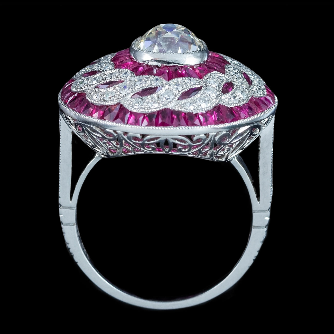 Art Deco Style Diamond Ruby Cluster Cocktail Ring 2.24ct Diamond 2.40 Ruby