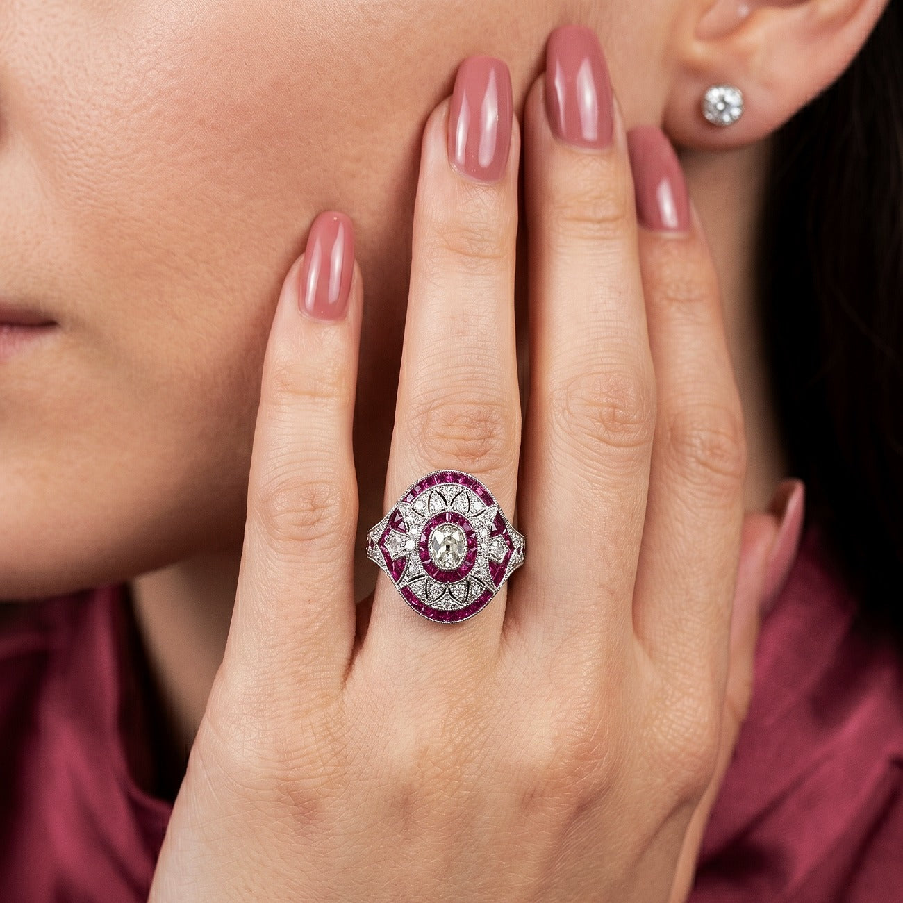 Art Deco Style Diamond Ruby Cluster Cocktail Ring 0.78ct Diamond 1.3ct Ruby Secondary image