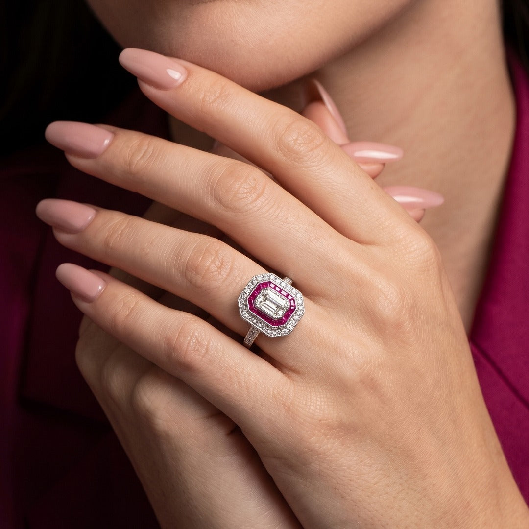 Art Deco Style Diamond Ruby Cluster Ring 1.25ct Diamond Secondary image