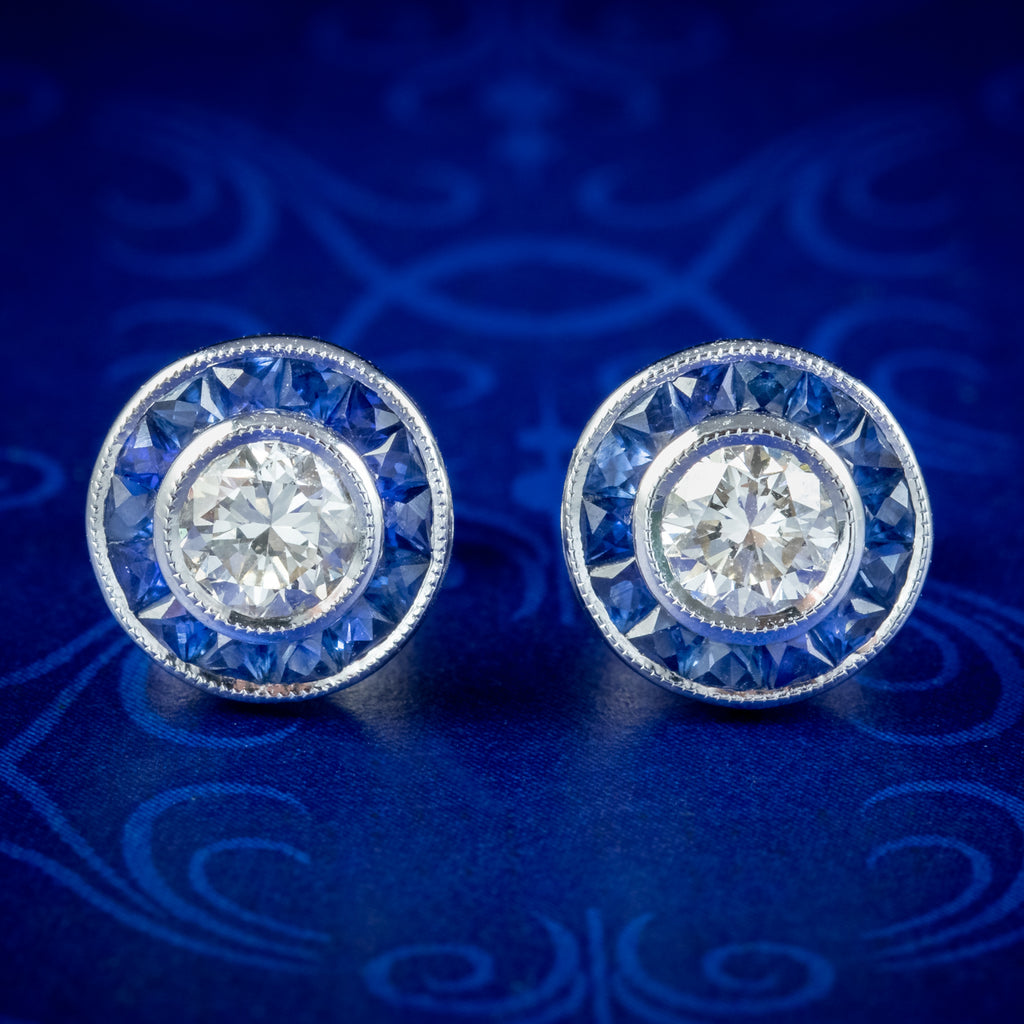 Art Deco Style Diamond Sapphire Target Stud Earrings 18ct Gold