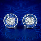 Art Deco Style Diamond Sapphire Target Stud Earrings 18ct Gold