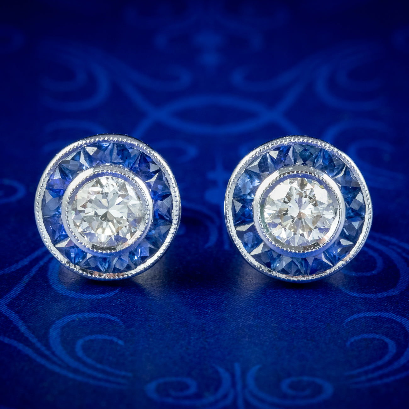 Art Deco Style Diamond Sapphire Target Stud Earrings 18ct Gold