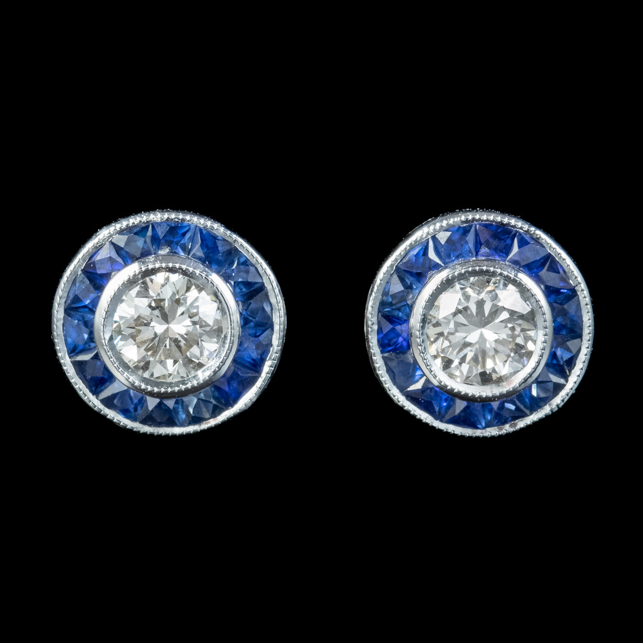 Art Deco Style Diamond Sapphire Target Stud Earrings 18ct Gold